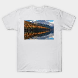 Mountain Peaks Reflect Into Bowman Lake In Autumn Glacier National Park T-Shirt